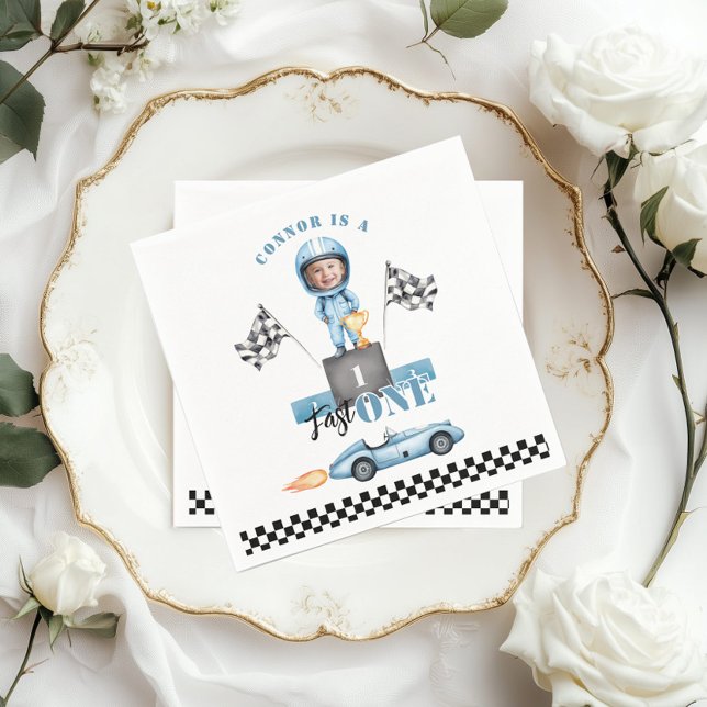 Fast One Blue race car 1st Photo Birthday Napkin (Creator Uploaded)