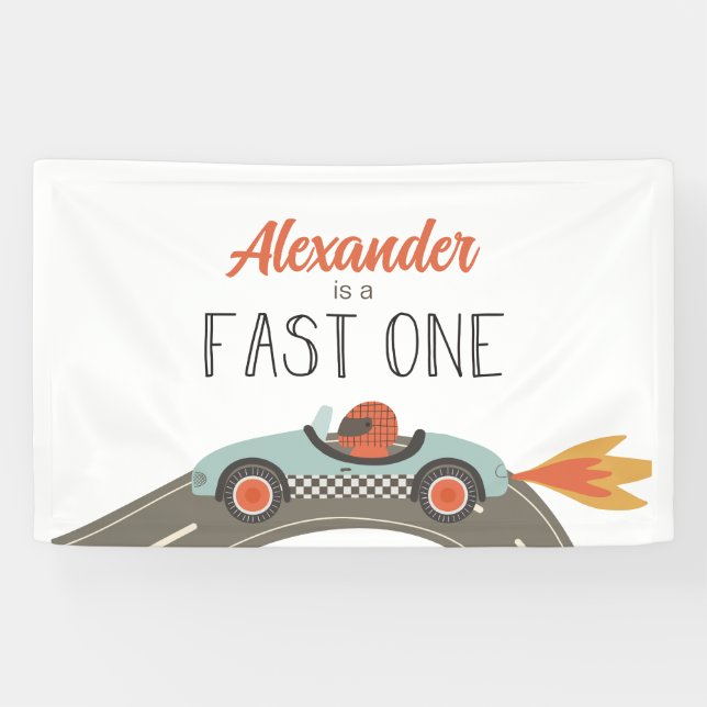 Fast One blue Race Car Birthday Banner (Horizontal)