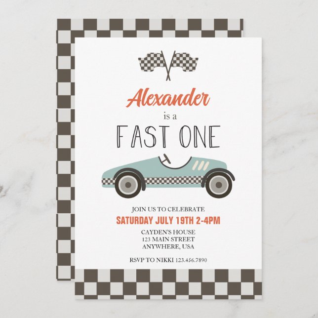 Fast One blue Race Car Birthday Invitation (Front/Back)
