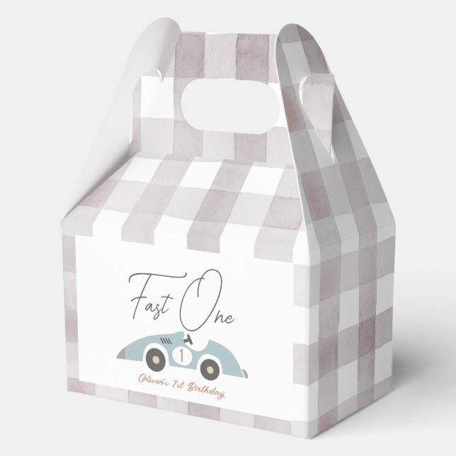 Fast One Blue Race Car Boy 1st Birthday Favour Box (Front)