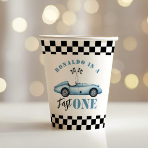 Fast One Blue race car Boy 1st Birthday Paper Cups