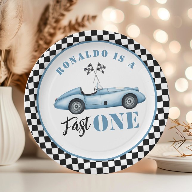 Fast One Blue race car Boy 1st Birthday Paper Plate (Creator Uploaded)