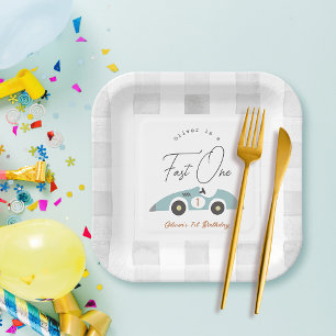 Fast One Blue Race Car Boy 1st Birthday Paper Plate