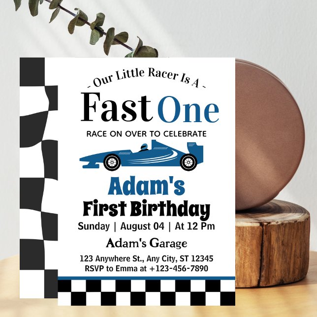 Fast One Blue Race Car Boy 1st Birthday Party  Invitation (Creator Uploaded)