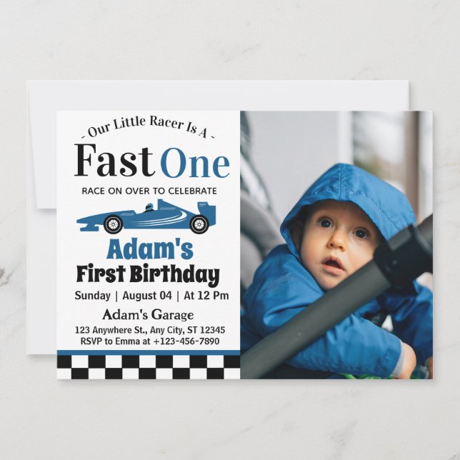 Fast One Blue Race Car Boy 1st Birthday Party  Invitation (Front)