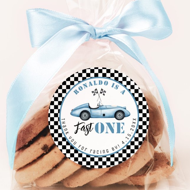 Fast One Blue race car Boy Birthday Thank you Classic Round Sticker (Creator Uploaded)