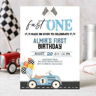 Fast One Boy's 1st Birthday Party Invitation