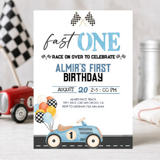 Fast One Boy's 1st Birthday Party Invitation