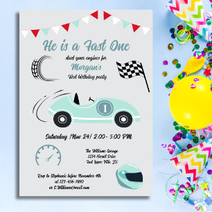 Fast One Festive Blue Race Car Birthday Invitation
