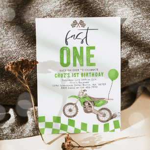 Fast One Green Dirt Bike Boy 1st Birthday Party  Invitation