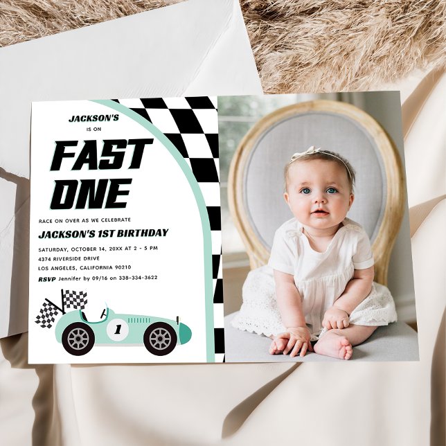 Fast One Green Race Car Birthday Party Invitation (Creator Uploaded)