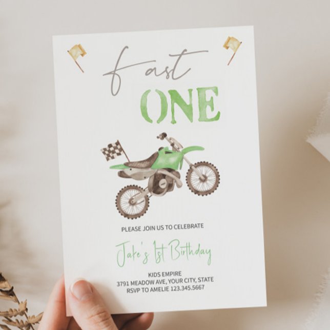 Fast ONE Lime Green Dirt Bike Birthday Invitation  (Creator Uploaded)