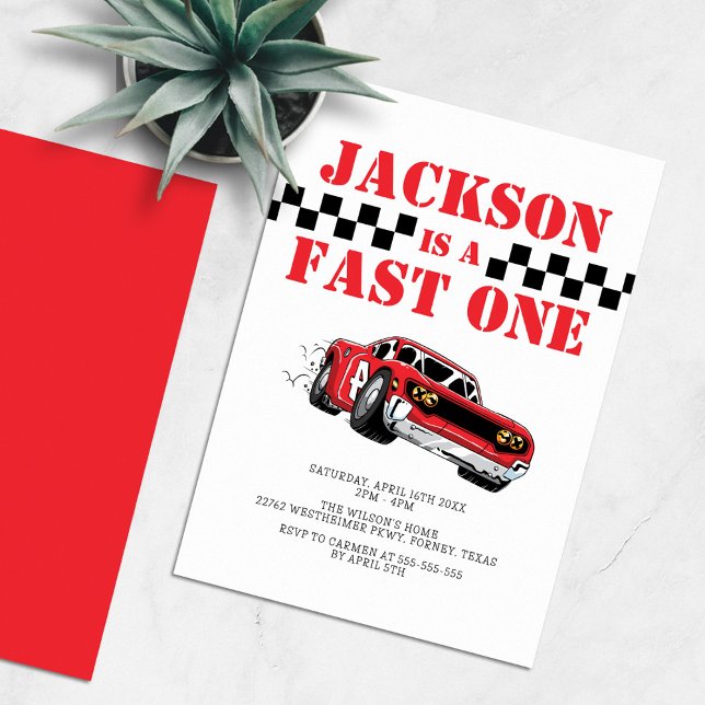 Fast One Modern Red Race Car Boy 1st Birthday Invitation (Creator Uploaded)
