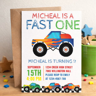 Fast One Monster Truck First Birthday  Invitation