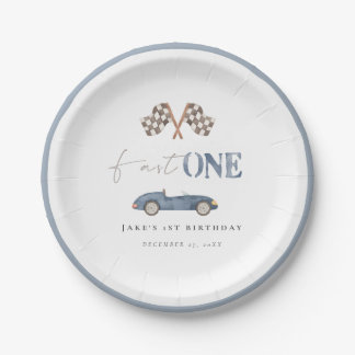 Fast ONE Navy Blue Retro Race Car Paper Plates