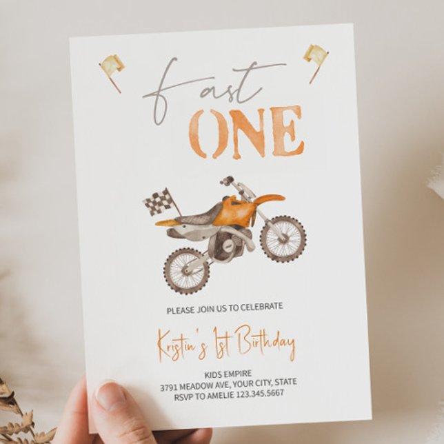 Fast ONE Orange Dirt Bike Birthday Invitation  (Creator Uploaded)