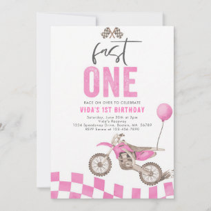 Fast One Pink Dirt Bike Girl First Birthday Invitation