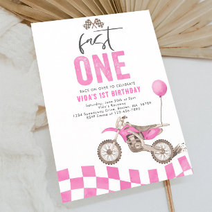 Fast One Pink Dirt Bike Girl First Birthday Invitation