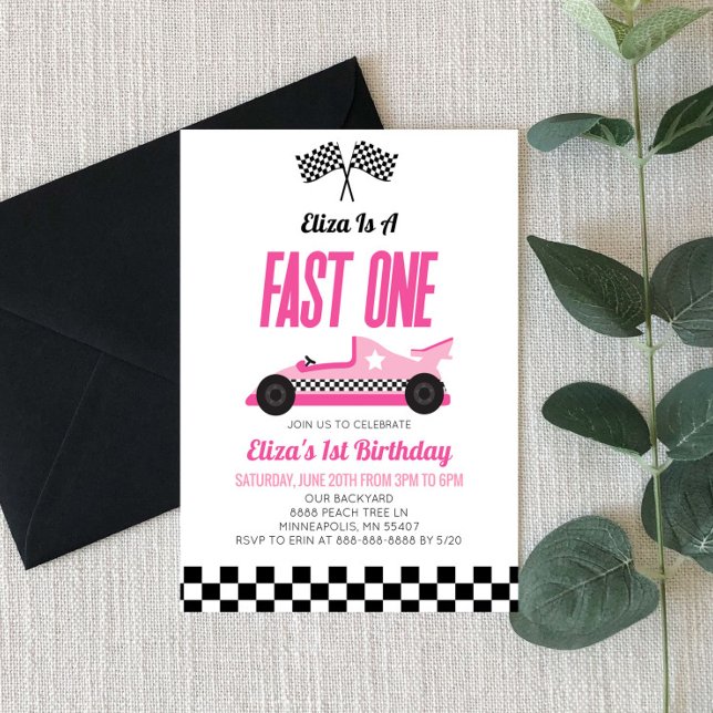 Fast One Pink Flame Race Car 1st Birthday Party Invitation (Creator Uploaded)