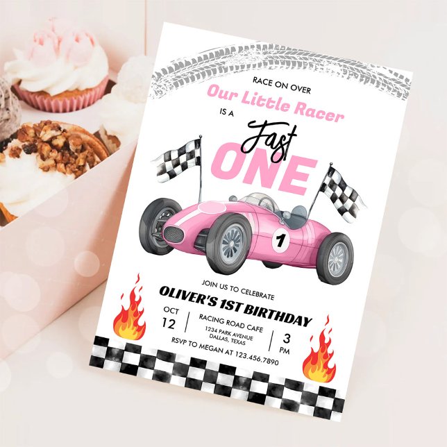 Fast One Pink Race Car 1st Birthday Racing Girl Invitation (Creator Uploaded)