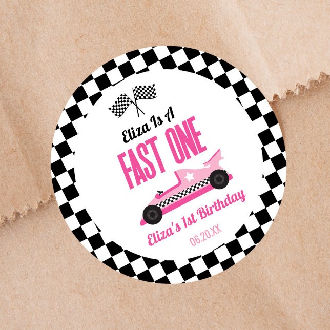 Fast One Pink Race Car First 1st Birthday Party Classic Round Sticker (Creator Uploaded)