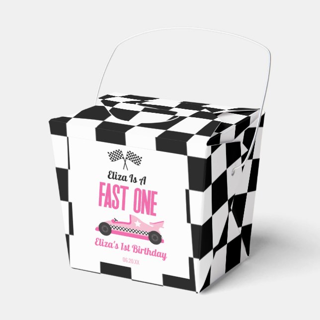 Fast One Pink Race Car First 1st Birthday Party Favour Box (Front Side)