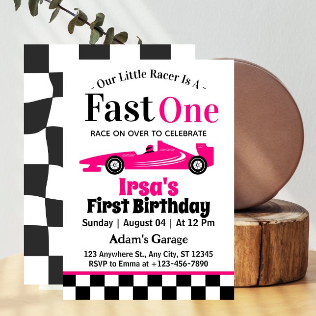 Fast One Pink Race Car Girl 1st Birthday Party  Invitation (Creator Uploaded)