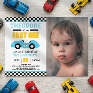 Fast One Race Car 1st Birthday Party Photo Invitation