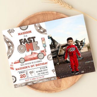 Fast One Race Car 1st Birthday Party Photo Invitation