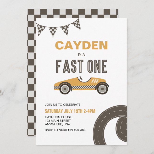 Fast One Race Car Birthday Invitation (Front/Back)