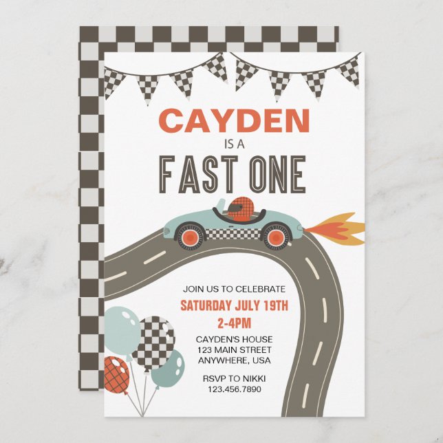 Fast One Race Car Birthday Invitation (Front/Back)