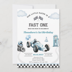 Fast One Race Car Blue First 1st Boy Birthday Invitation