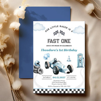 Fast One Race Car Blue First 1st Boy Birthday Invitation