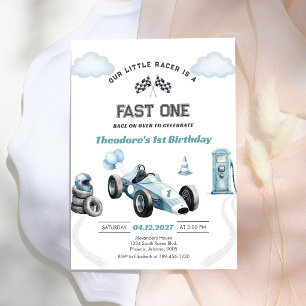 Fast One Race Car Blue First 1st Boy Birthday Invitation