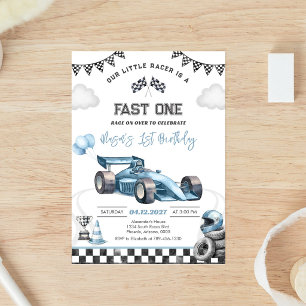 Fast One Race Car Blue First 1st Boy Birthday Invitation
