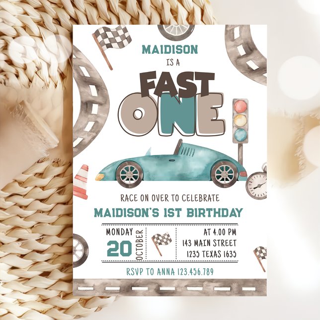 Fast One Race Car Boy 1st Birthday  Invitation (Creator Uploaded)