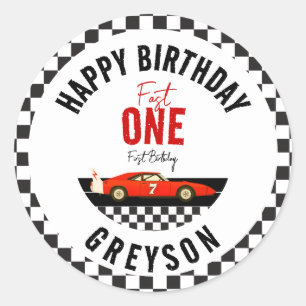 Fast One Race Car Boy 1st Birthday Party Classic Round Sticker