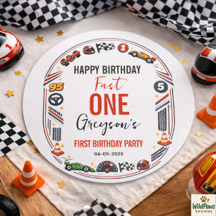 Fast One Race Car Boy 1st Birthday Party Classic Round Sticker