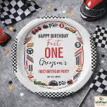 Fast One Race Car Boy 1st Birthday Party Paper Plate<br><div class="desc">Make snack and cake time fun with Fast One Race Car Boy 1st Birthday Party paper plates! Perfect for a car-themed toddler birthday celebration. Serve up fun at your little speedster’s big day! 🏎️ These Fast One Race Car 1st Birthday Party paper plates feature bold race cars, checkered flags, and...</div>
