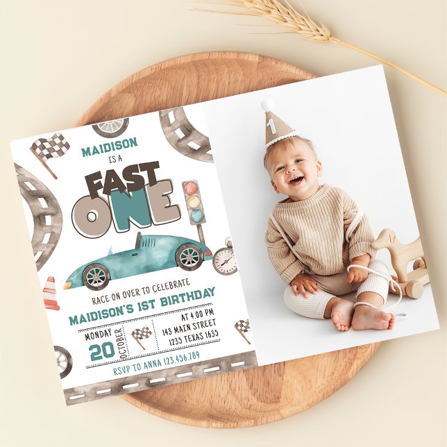 Fast One Race Car Boy 1st Birthday Party Photo Invitation (Creator Uploaded)