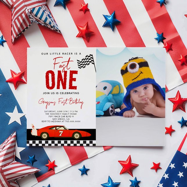 Fast One Race Car Boy Photo 1st Birthday Party Invitation (Creator Uploaded)