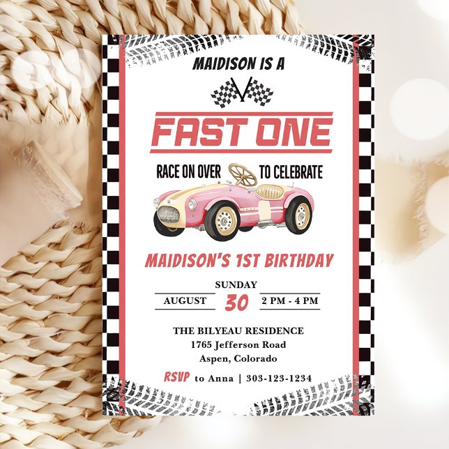 Fast One Race Car Girl 1st Birthday Party  Invitation (Creator Uploaded)