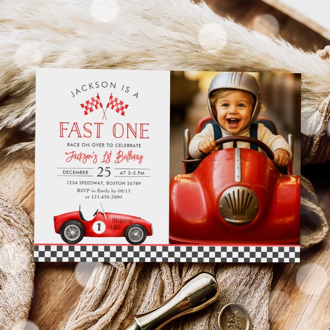 Fast One Race Car Racing Boy 1st Birthday Photo Invitation (Creator Uploaded)