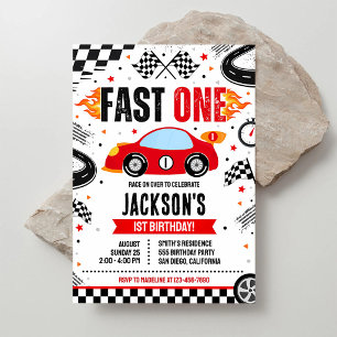 Fast One Race Car Red 1st Birthday Invitation