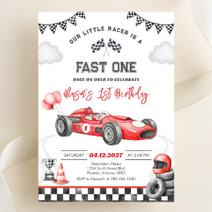 Fast One Race Car Red First 1st Boy Birthday Invitation