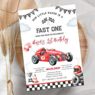 Fast One Race Car Red First 1st Boy Birthday  Invitation