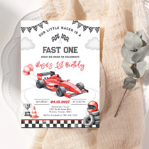 Fast One Race Car Red First 1st Boy Birthday Invitation