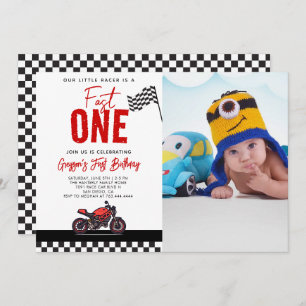 Fast One Race Motorcycle Photo 1st Birthday Party Invitation