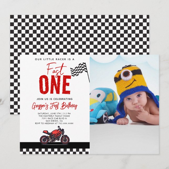 Fast One Race Motorcycle Photo 1st Birthday Party Invitation (Front/Back)