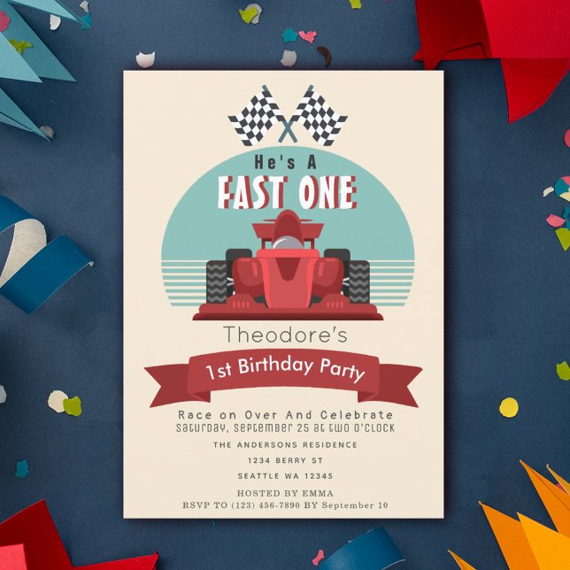 Fast One Racecar Kids 1st Birthday Invitation (Creator Uploaded)